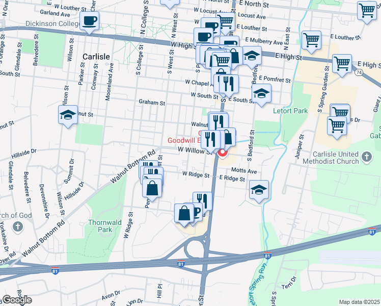 map of restaurants, bars, coffee shops, grocery stores, and more near 76 West Willow Street in Carlisle