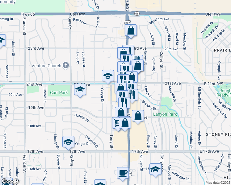 map of restaurants, bars, coffee shops, grocery stores, and more near 663-717 21st Ave in Longmont