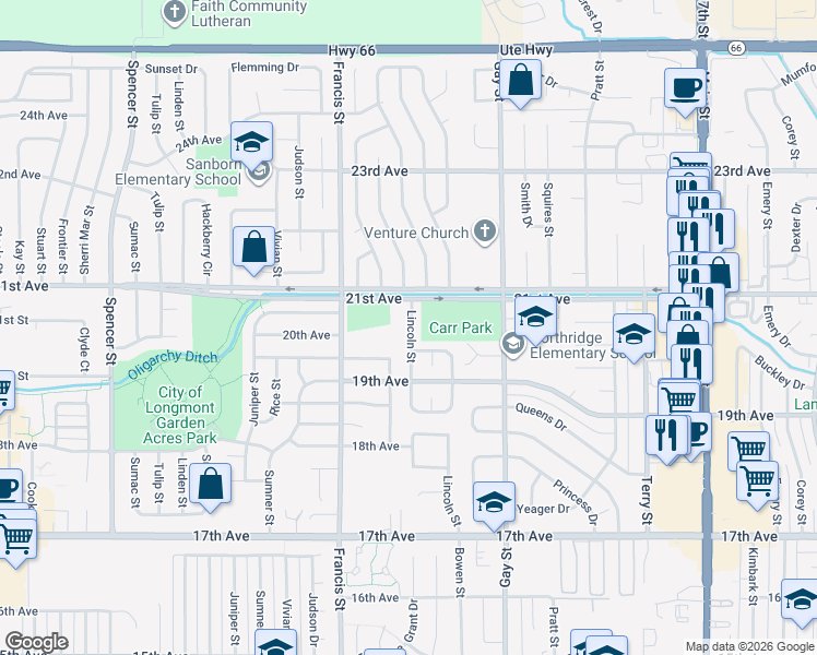 map of restaurants, bars, coffee shops, grocery stores, and more near 2015 Lincoln Street in Longmont