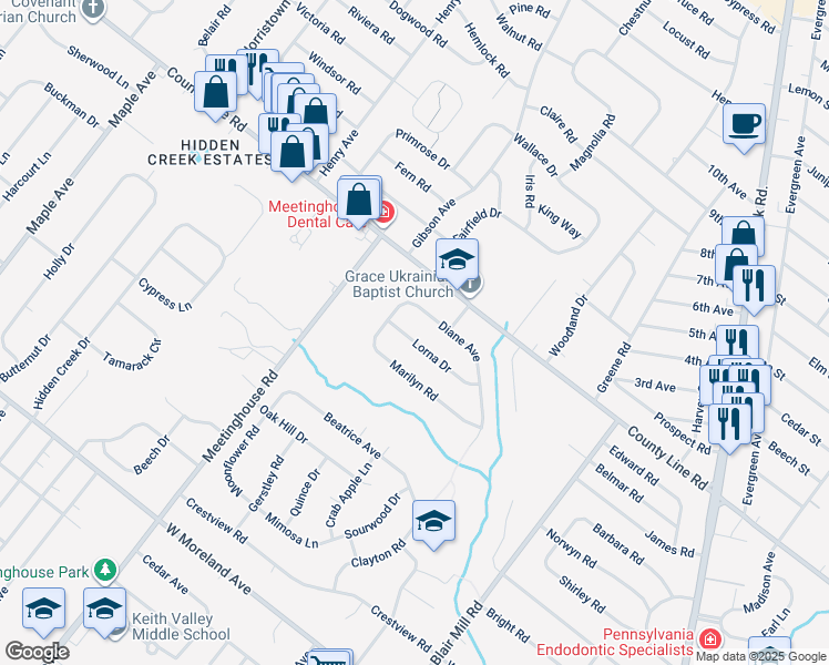 map of restaurants, bars, coffee shops, grocery stores, and more near 218 Lorna Drive in Hatboro