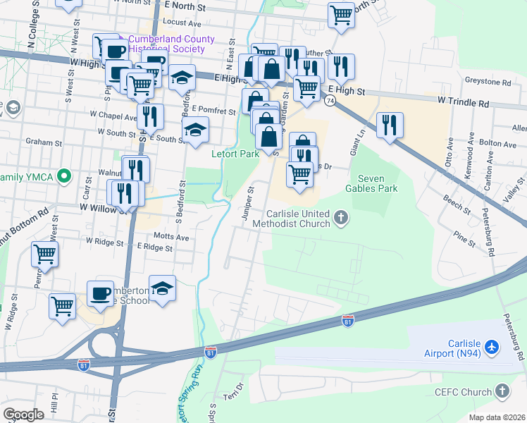map of restaurants, bars, coffee shops, grocery stores, and more near S Spring Garden St in Carlisle