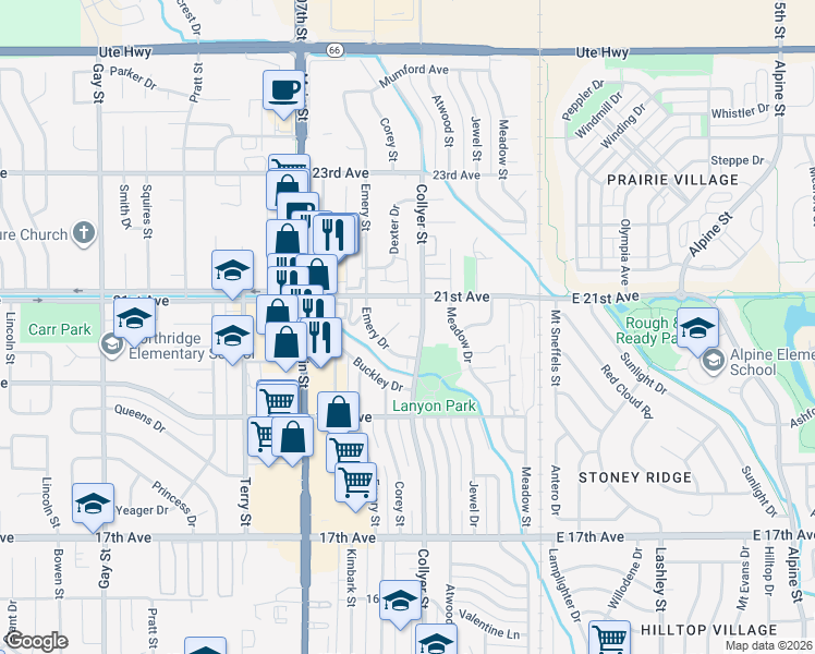 map of restaurants, bars, coffee shops, grocery stores, and more near 331 21st Avenue in Longmont