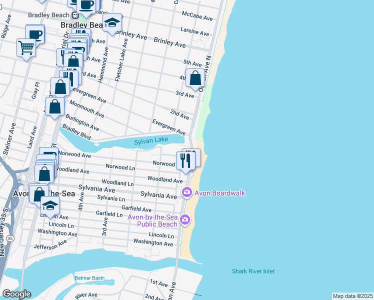 map of restaurants, bars, coffee shops, grocery stores, and more near 32 Lakeside Avenue in Avon-by-the-Sea