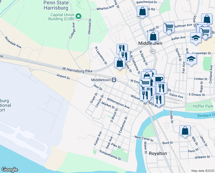 map of restaurants, bars, coffee shops, grocery stores, and more near in Middletown