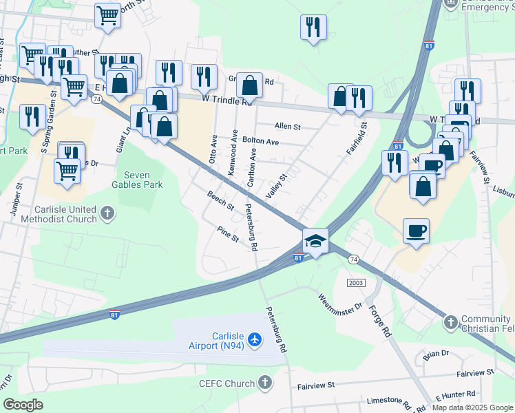 map of restaurants, bars, coffee shops, grocery stores, and more near 230 York Road in Carlisle