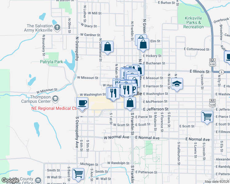 map of restaurants, bars, coffee shops, grocery stores, and more near 119 North Main Street in Kirksville