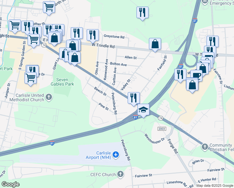 map of restaurants, bars, coffee shops, grocery stores, and more near 230 York Road in Carlisle