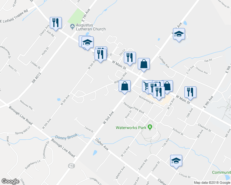 map of restaurants, bars, coffee shops, grocery stores, and more near 150 Lafayette Court in Collegeville