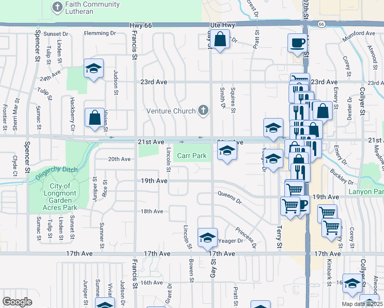 map of restaurants, bars, coffee shops, grocery stores, and more near 1301 21st Avenue in Longmont