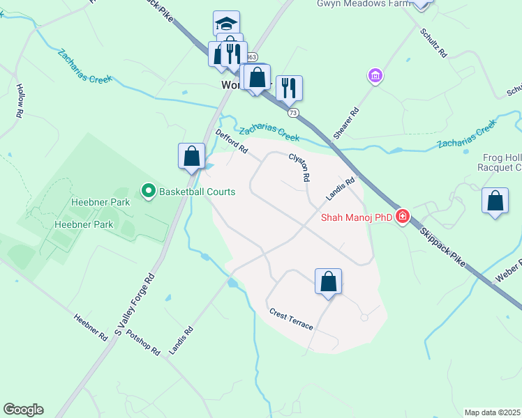 map of restaurants, bars, coffee shops, grocery stores, and more near 2918 Defford Road in Norristown