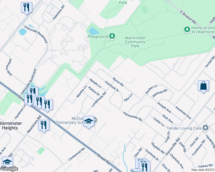 map of restaurants, bars, coffee shops, grocery stores, and more near 896 Longstreth Road in Warminster