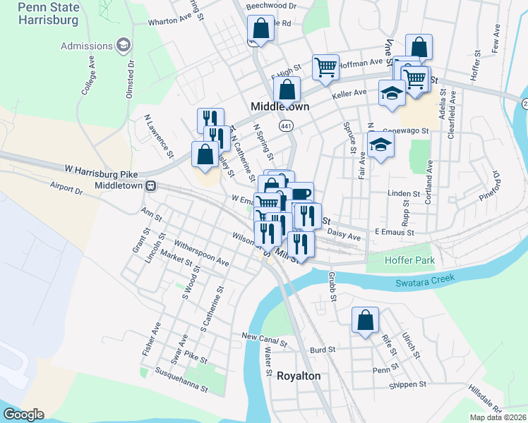 map of restaurants, bars, coffee shops, grocery stores, and more near 47 West Emaus Street in Middletown