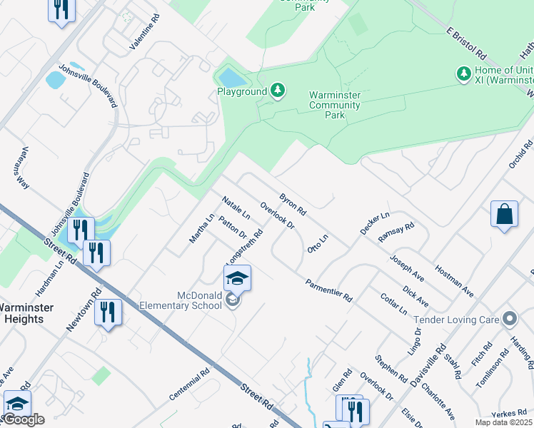 map of restaurants, bars, coffee shops, grocery stores, and more near 896 Longstreth Road in Warminster