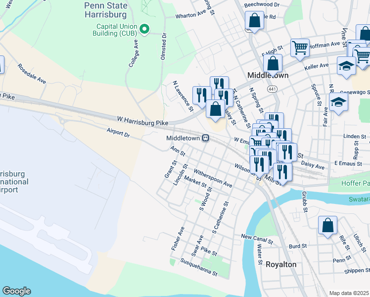 map of restaurants, bars, coffee shops, grocery stores, and more near 418 Wilson Street in Middletown