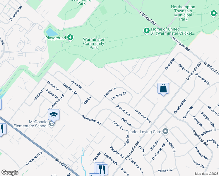map of restaurants, bars, coffee shops, grocery stores, and more near 950 Decker Lane in Warminster