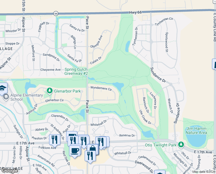 map of restaurants, bars, coffee shops, grocery stores, and more near 1133 Wyndemere Circle in Longmont