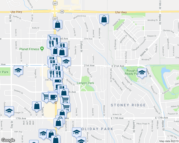 map of restaurants, bars, coffee shops, grocery stores, and more near 2028 Meadow Drive in Longmont