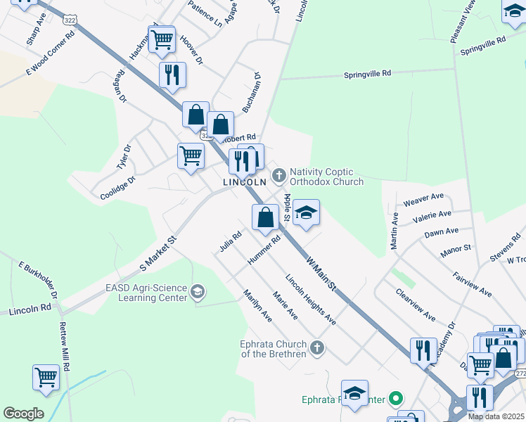 map of restaurants, bars, coffee shops, grocery stores, and more near 1351 U.S. 322 in Ephrata