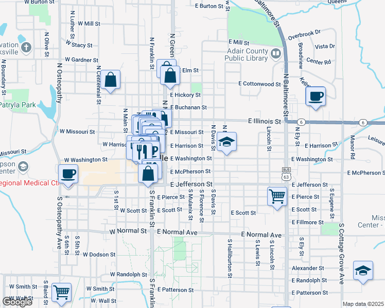 map of restaurants, bars, coffee shops, grocery stores, and more near 124 North Mulanix Street in Kirksville