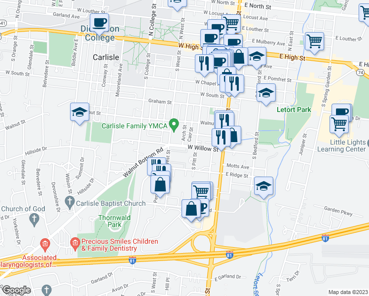 map of restaurants, bars, coffee shops, grocery stores, and more near 118 West Willow Street in Carlisle