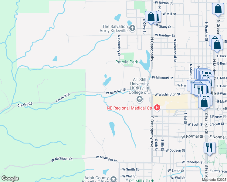 map of restaurants, bars, coffee shops, grocery stores, and more near 1214 West Missouri Street in Kirksville