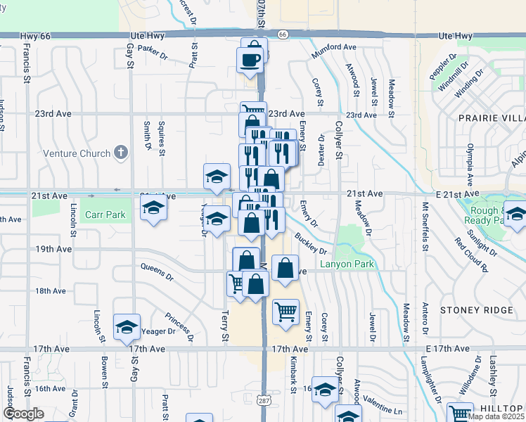 map of restaurants, bars, coffee shops, grocery stores, and more near 601-633 21st Ave in Longmont