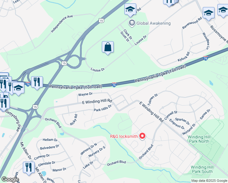 map of restaurants, bars, coffee shops, grocery stores, and more near 711 Edgewood Lane in Mechanicsburg