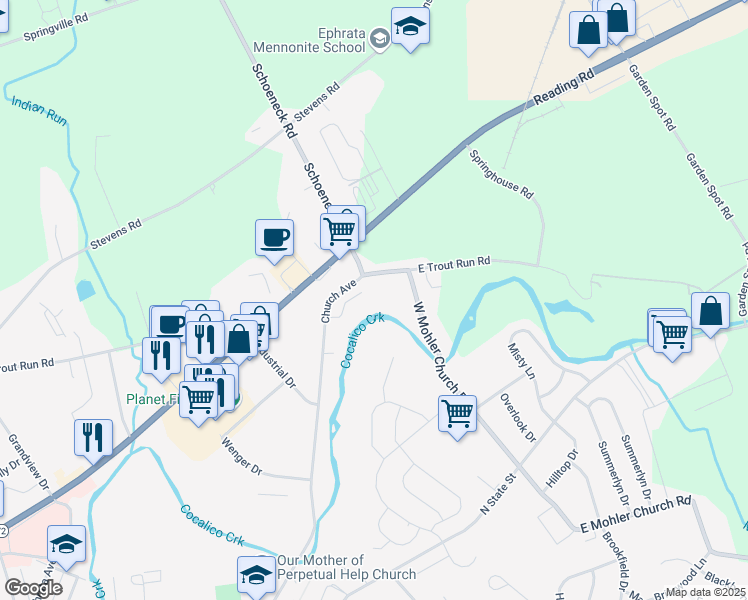 map of restaurants, bars, coffee shops, grocery stores, and more near 591 Cloverbrook Drive in Ephrata