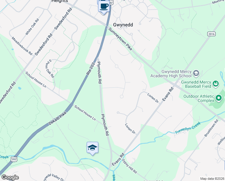 map of restaurants, bars, coffee shops, grocery stores, and more near 1508 Latchstring Lane in Gwynedd Valley