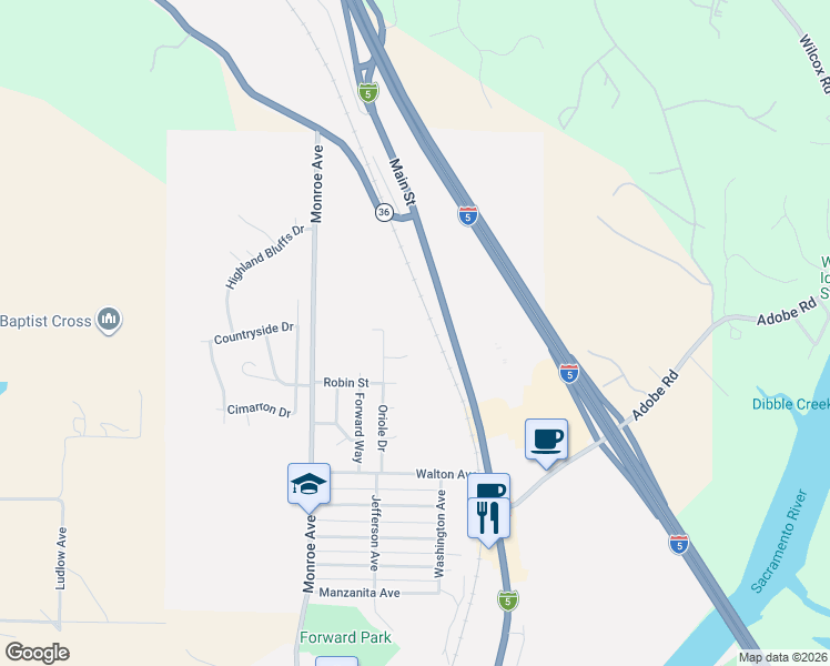 map of restaurants, bars, coffee shops, grocery stores, and more near 255 Sparrow Court in Red Bluff