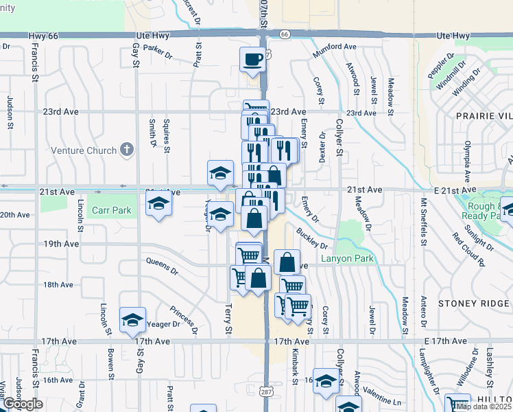 map of restaurants, bars, coffee shops, grocery stores, and more near 663 21st Avenue in Longmont