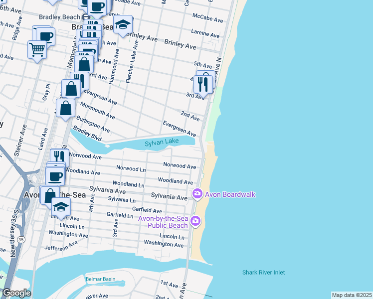 map of restaurants, bars, coffee shops, grocery stores, and more near 32 Lakeside Avenue in Avon-by-the-Sea
