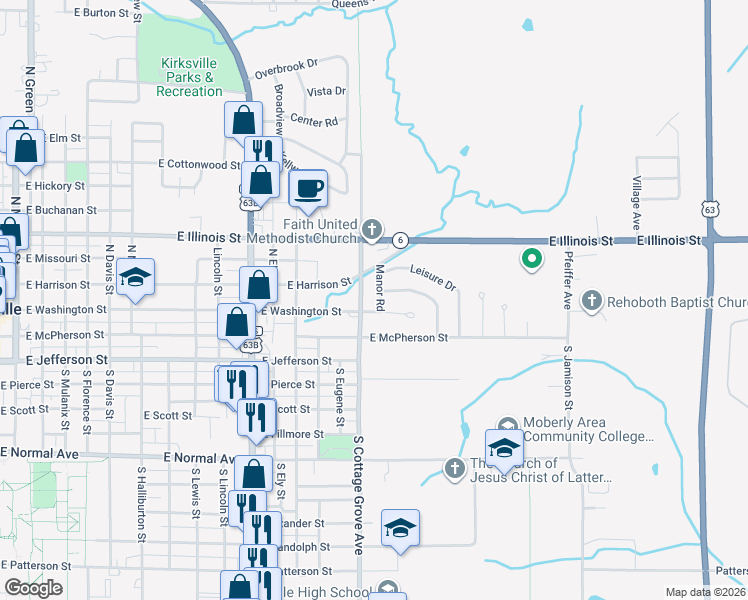 map of restaurants, bars, coffee shops, grocery stores, and more near 85 Manor Road in Kirksville