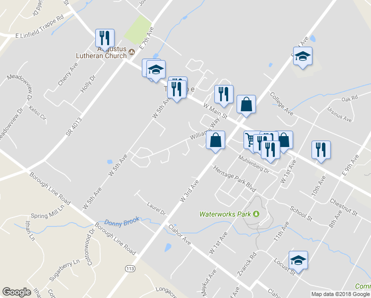 map of restaurants, bars, coffee shops, grocery stores, and more near 213 Washington Court in Collegeville