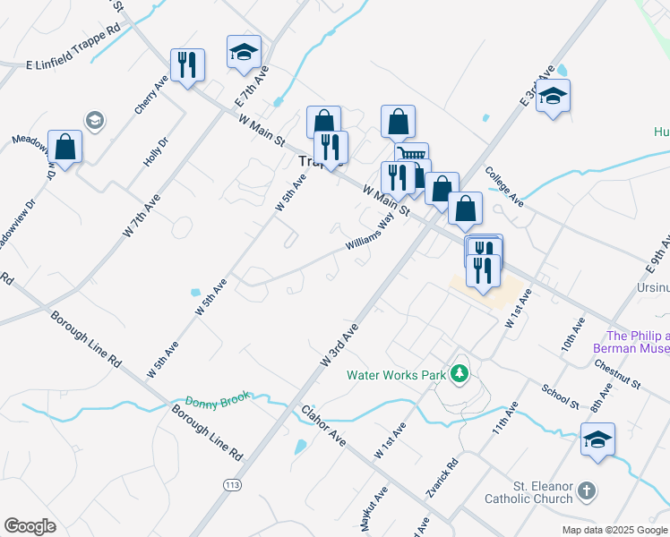 map of restaurants, bars, coffee shops, grocery stores, and more near 213 Washington Court in Collegeville