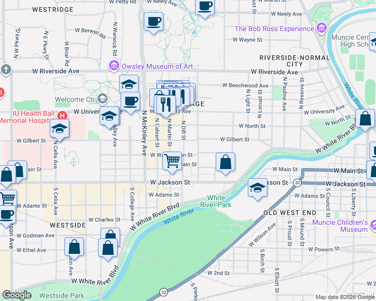 map of restaurants, bars, coffee shops, grocery stores, and more near 220 North Dill Street in Muncie