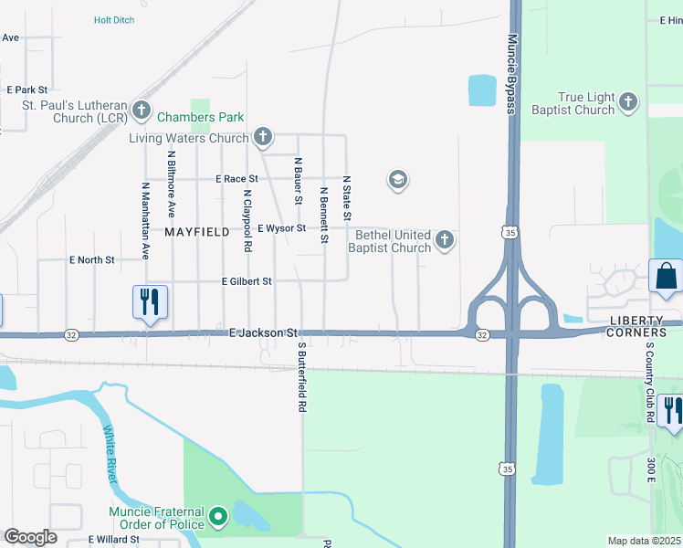 map of restaurants, bars, coffee shops, grocery stores, and more near 201 N State St in Muncie