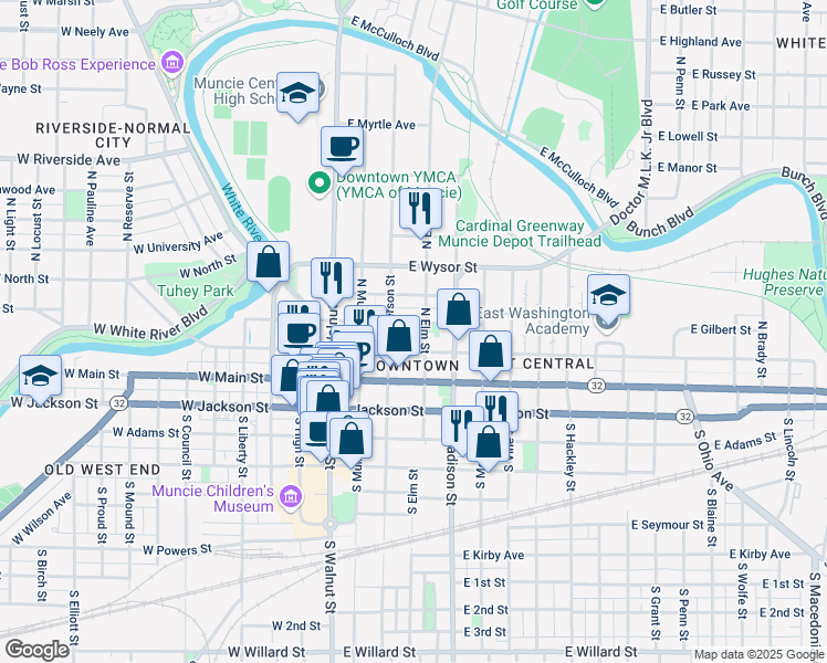 map of restaurants, bars, coffee shops, grocery stores, and more near 334 East Gilbert Street in Muncie