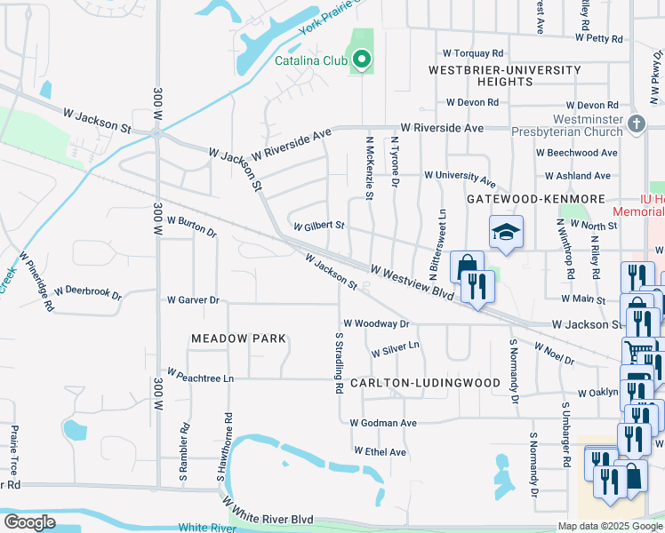 map of restaurants, bars, coffee shops, grocery stores, and more near 4100-4198 W Westview Blvd in Muncie