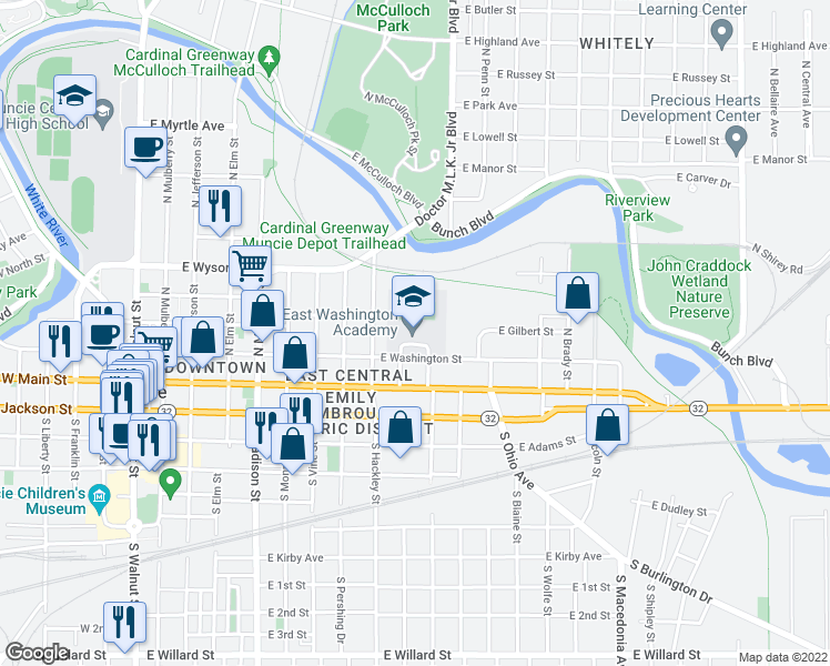 map of restaurants, bars, coffee shops, grocery stores, and more near 1000 East Washington Street in Muncie