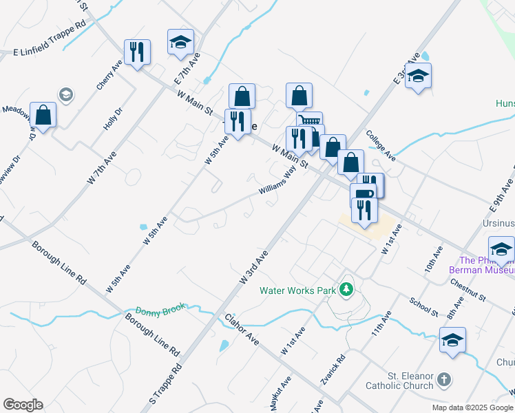 map of restaurants, bars, coffee shops, grocery stores, and more near 214 Washington Court in Collegeville