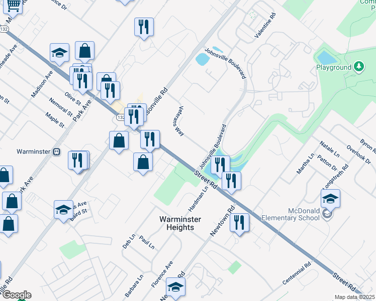 map of restaurants, bars, coffee shops, grocery stores, and more near Veterans Way in Bucks County