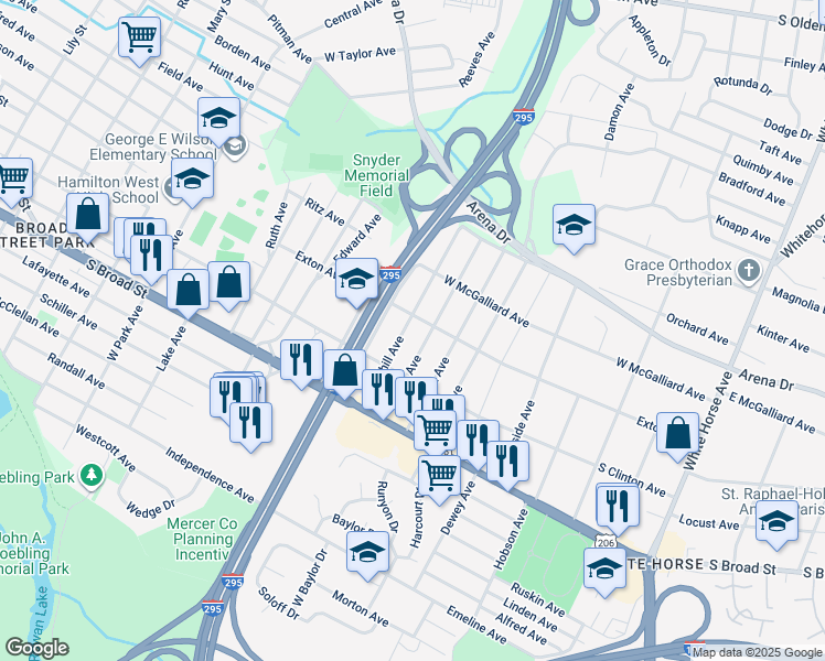map of restaurants, bars, coffee shops, grocery stores, and more near 158 Churchill Avenue in Trenton