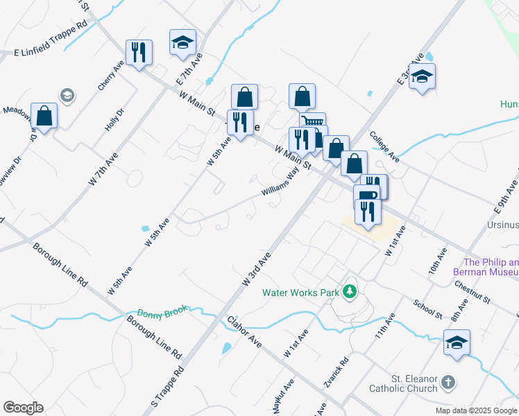 map of restaurants, bars, coffee shops, grocery stores, and more near 214 Washington Court in Collegeville