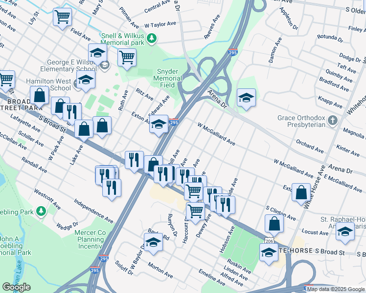 map of restaurants, bars, coffee shops, grocery stores, and more near 158 Churchill Avenue in Trenton