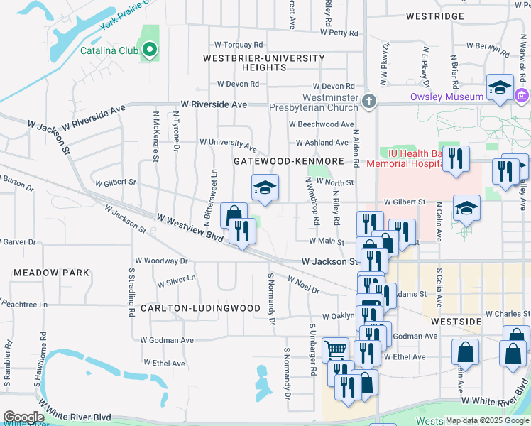 map of restaurants, bars, coffee shops, grocery stores, and more near 3401 West Gilbert Street in Muncie