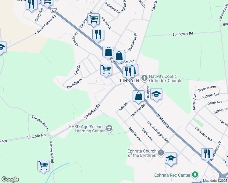 map of restaurants, bars, coffee shops, grocery stores, and more near 111 South Market Street in Ephrata