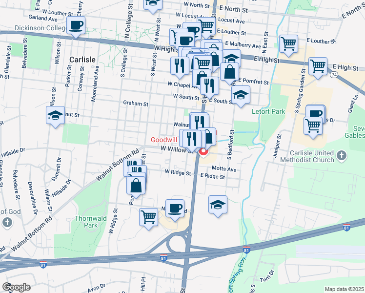 map of restaurants, bars, coffee shops, grocery stores, and more near 42 West Baltimore Street in Carlisle
