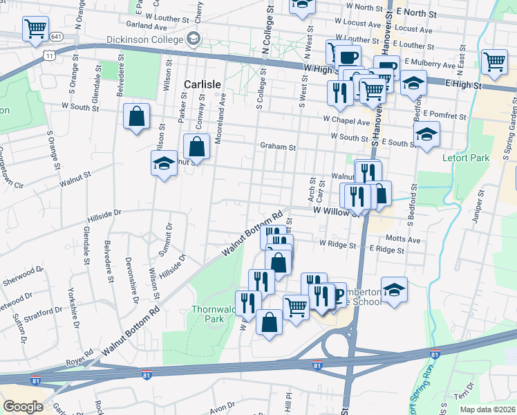map of restaurants, bars, coffee shops, grocery stores, and more near 400 South College Street in Carlisle