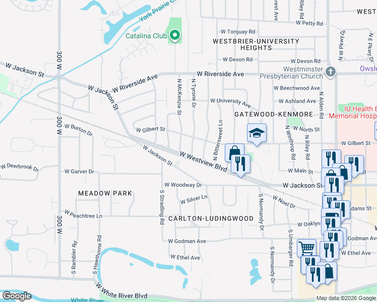 map of restaurants, bars, coffee shops, grocery stores, and more near 200 North Tyrone Drive in Muncie